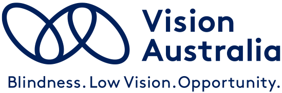 Vision Australia logo, three ovals linked, tagline blindness low vision opportunity